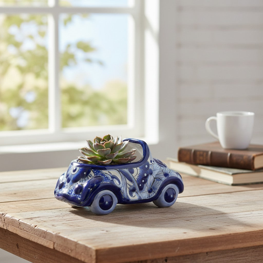 Small Talavera Car Planter | Blue & White Handmade Ceramic Pot
