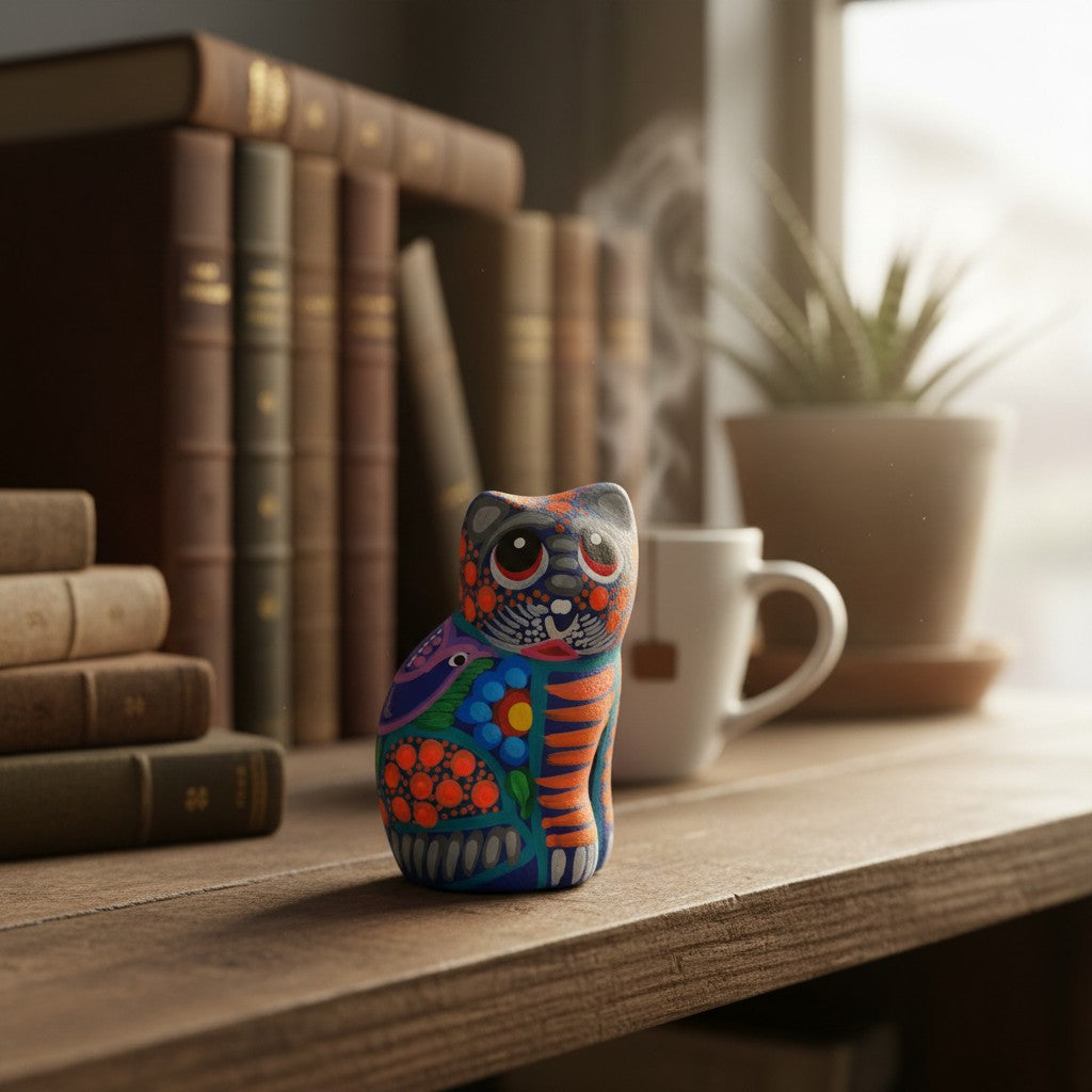 Alebrije Cat Figurine | Hand-Painted Mexican Folk Art