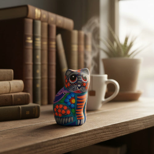 Alebrije Cat Figurine | Hand-Painted Mexican Folk Art