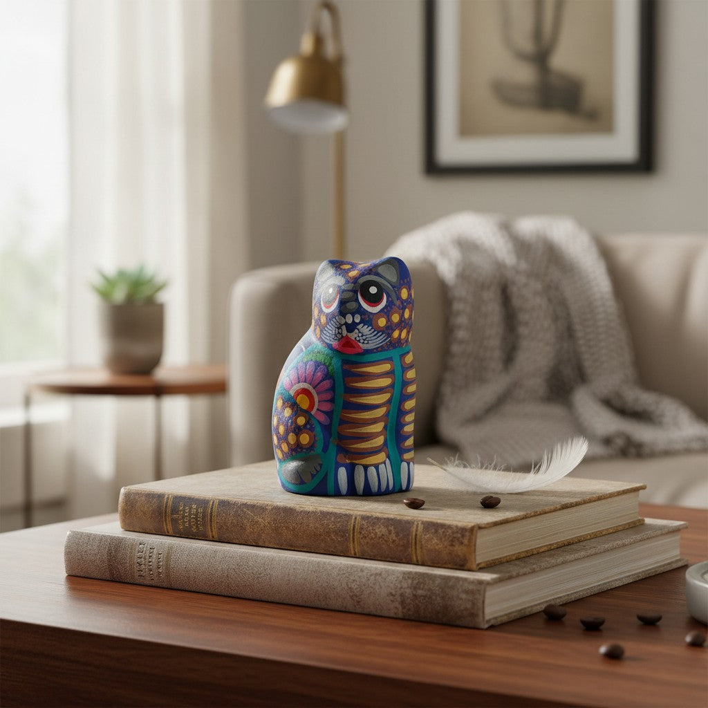Alebrije Cat Figurine | Hand-Painted Mexican Folk Art
