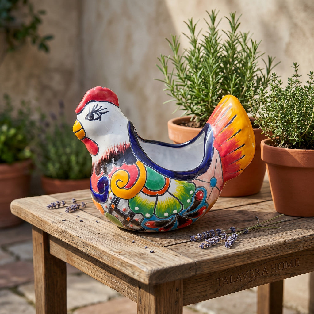 Colorful Talavera Chicken Planter | Mexican Ceramic Art