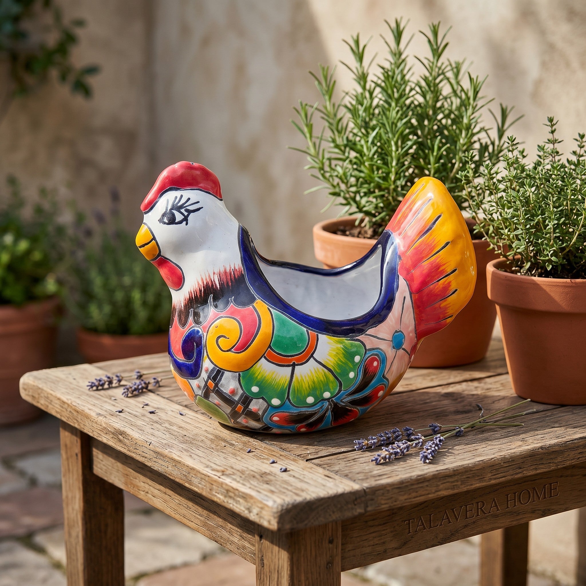 Colorful Talavera Chicken Planter | Mexican Ceramic Art
