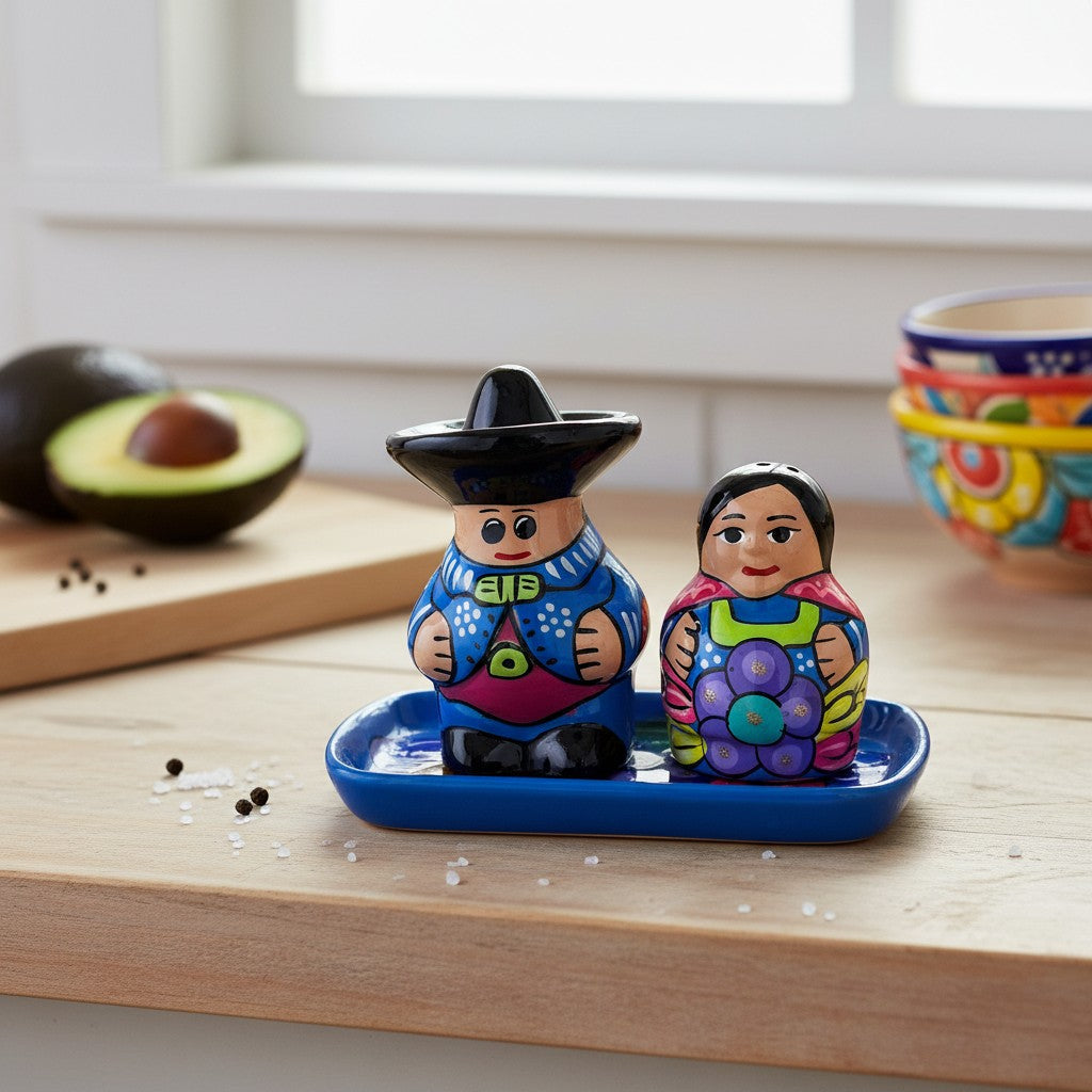 Hand-Painted Talavera Salt & Pepper Shakers | Couple on Tray