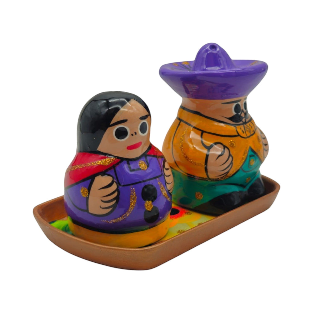 Hand-Painted Talavera Salt & Pepper Shakers | Couple on Tray