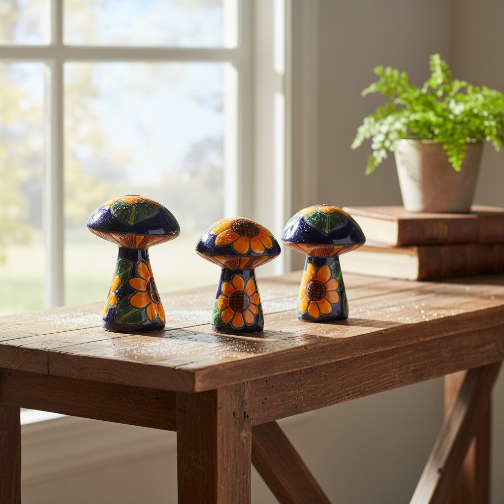 Set of 3 Talavera Mushrooms | Colorful Sunflower Art