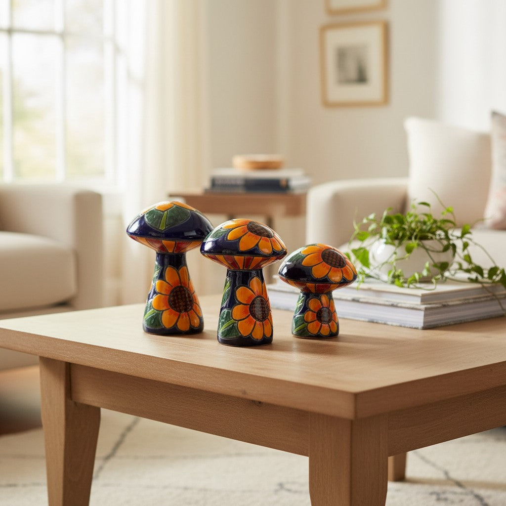 Set of 3 Talavera Mushrooms | Colorful Sunflower Art