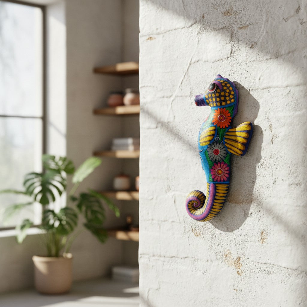Alebrije Seahorse Figurine | Vibrant Ocean Wall Art