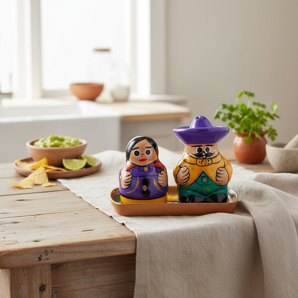 Hand-Painted Talavera Salt & Pepper Shakers | Couple on Tray
