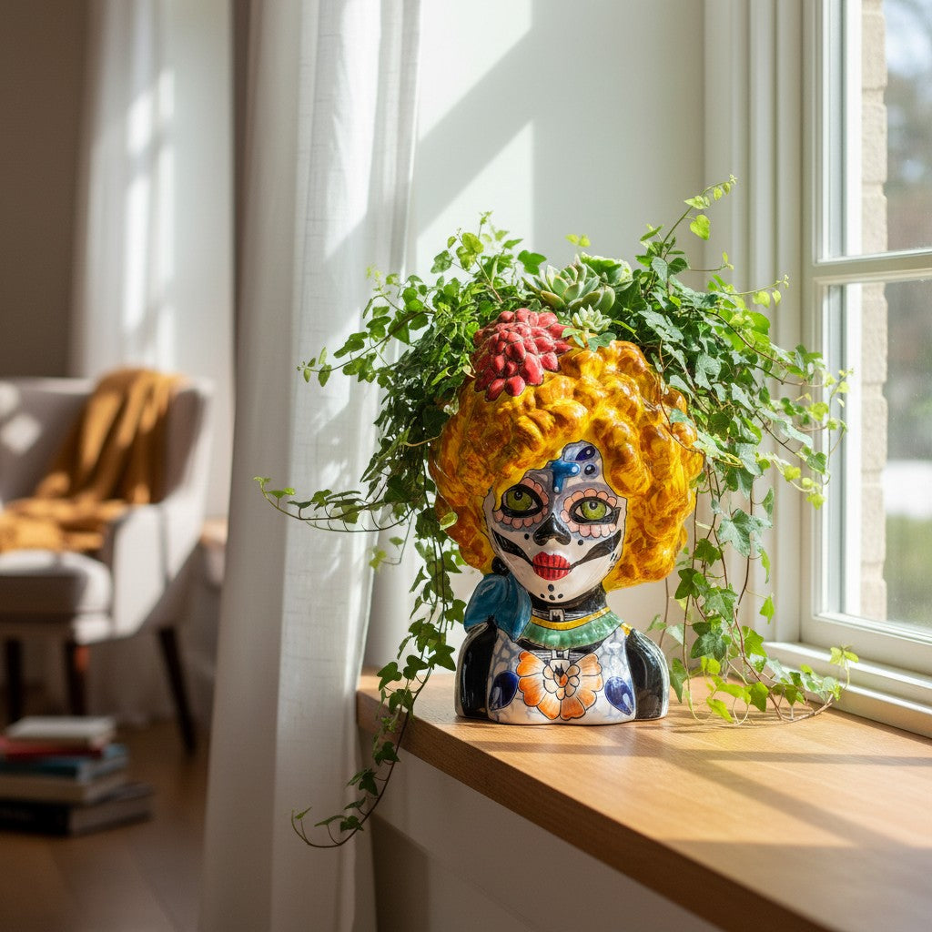 Colorful Talavera Lady Skull Planter | Day of the Dead Decor
