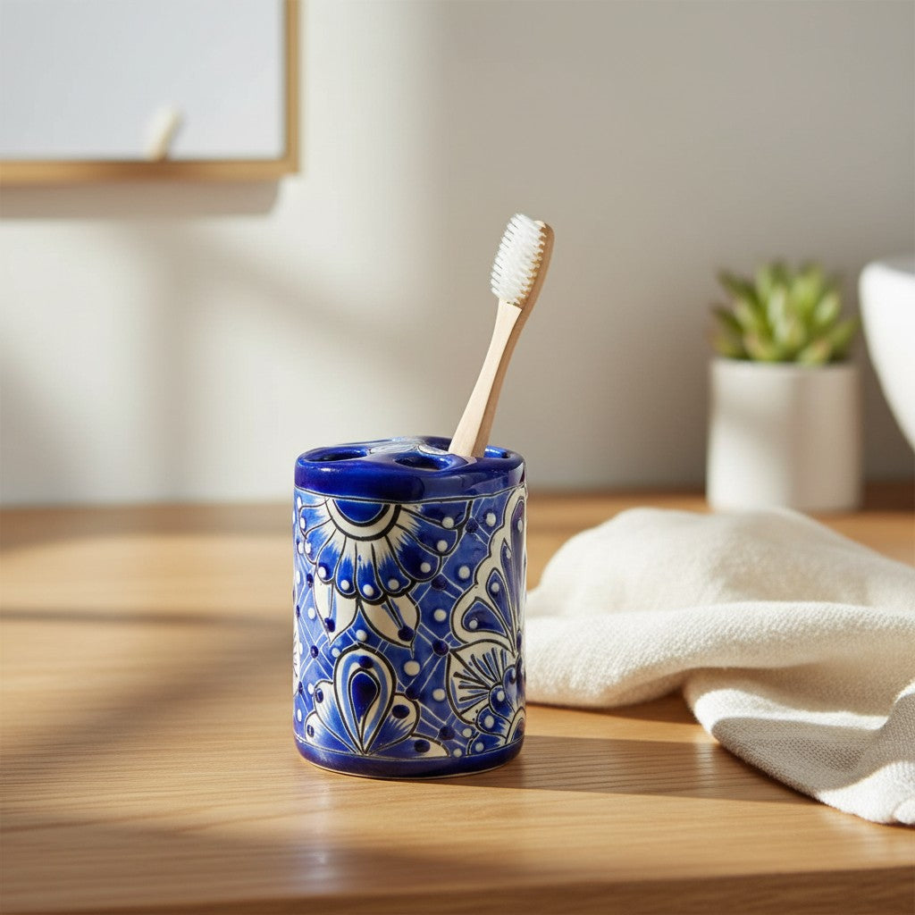 Hand-Painted Talavera Toothbrush Holder | Blue & White Ceramic