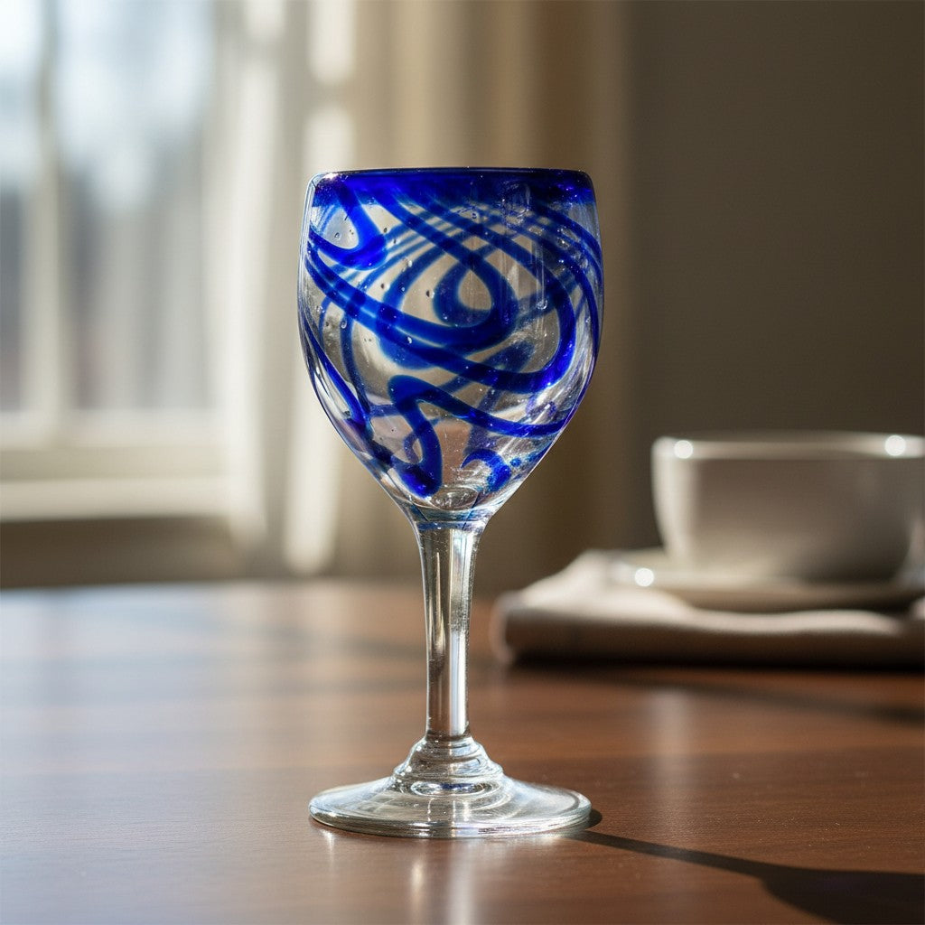 Hand-Blown Mexican Wine Glass | Cobalt Blue Swirl Goblet