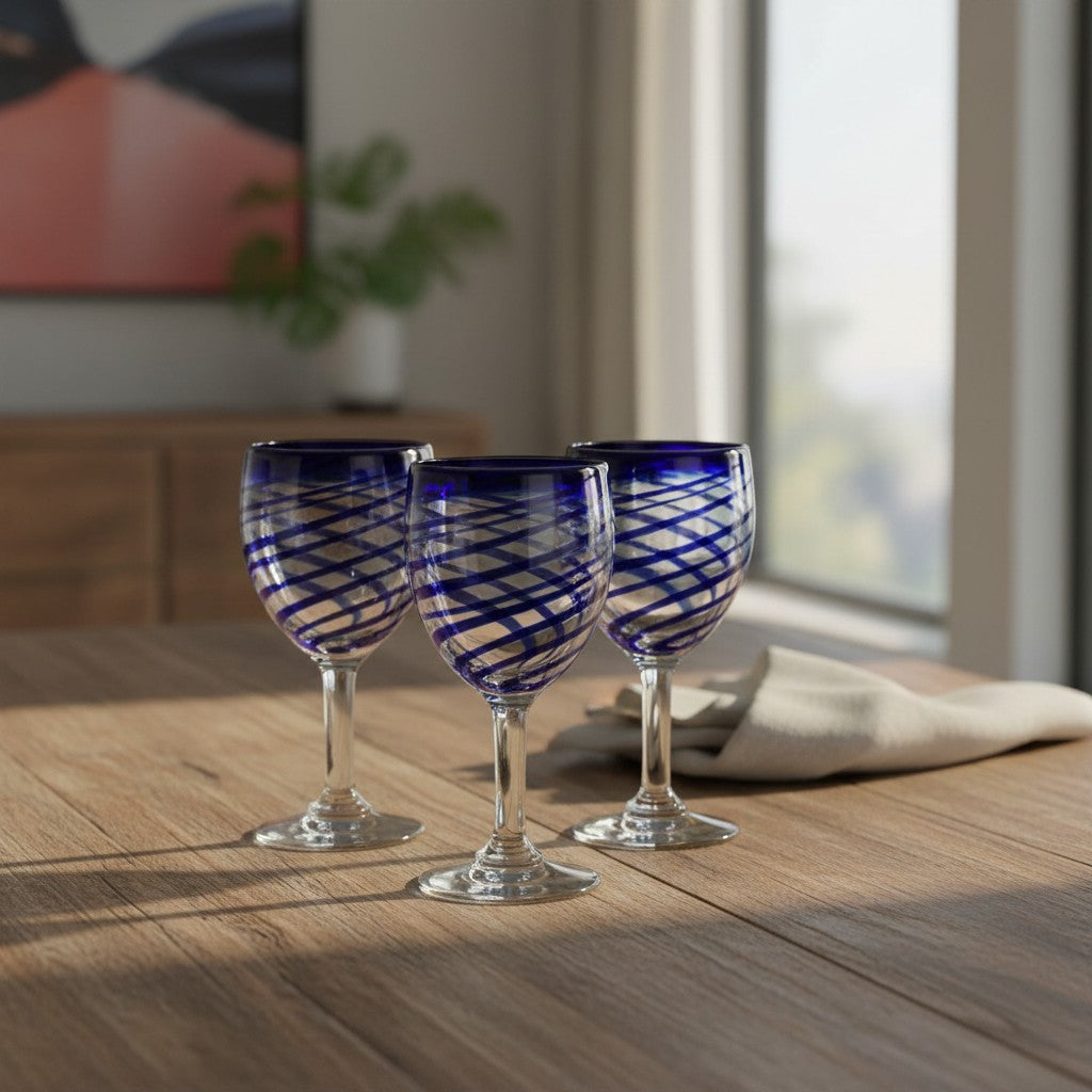 Hand-Blown Mexican Wine Glass | Cobalt Blue Swirl Goblet