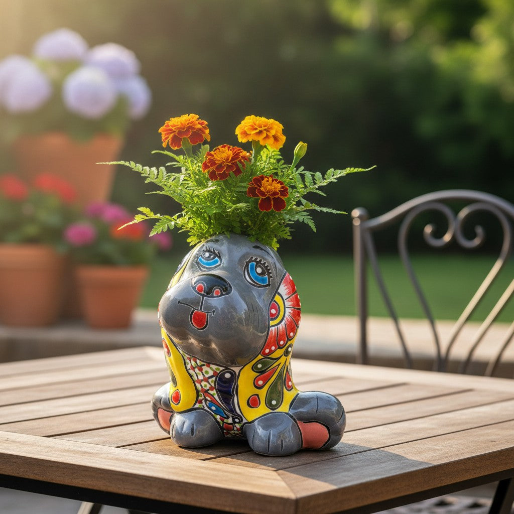 Vibrant Handmade Talavera Dog Statue | Colorful Mexican Canine Art