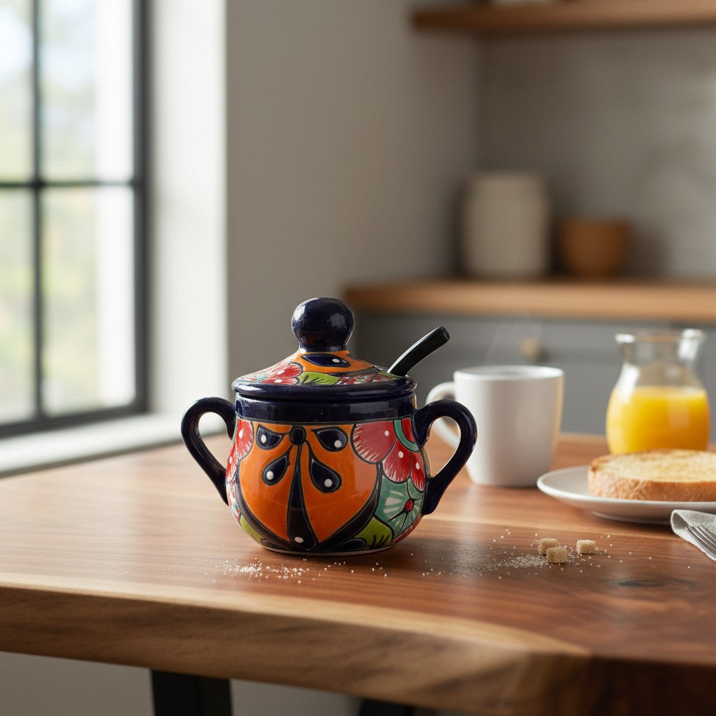 Colorful Talavera Sugar Jar with Spoon | Mexican Pottery Art