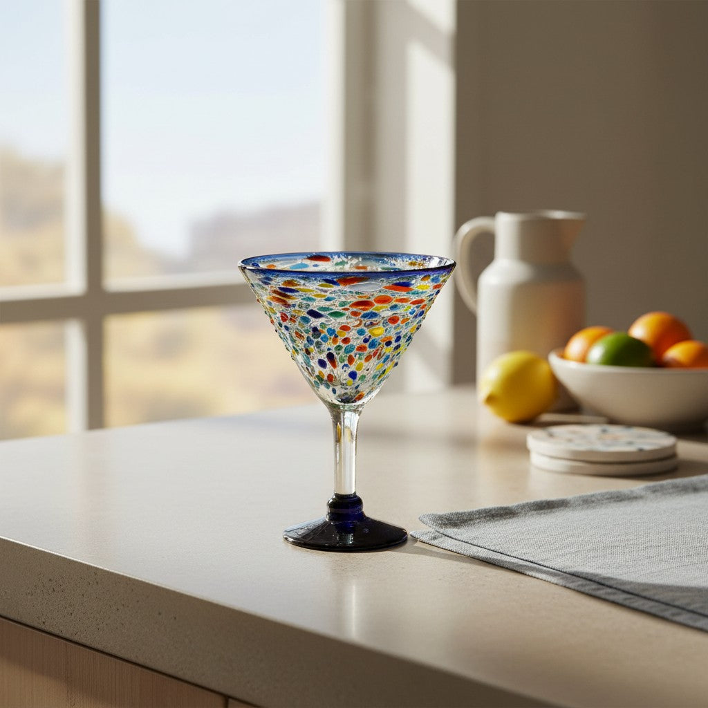 Confetti Rock Martini Glass with Blue Rim | Hand-Blown Mexican Barware
