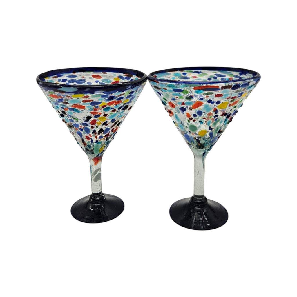 Confetti Rock Martini Glass with Blue Rim | Hand-Blown Mexican Barware