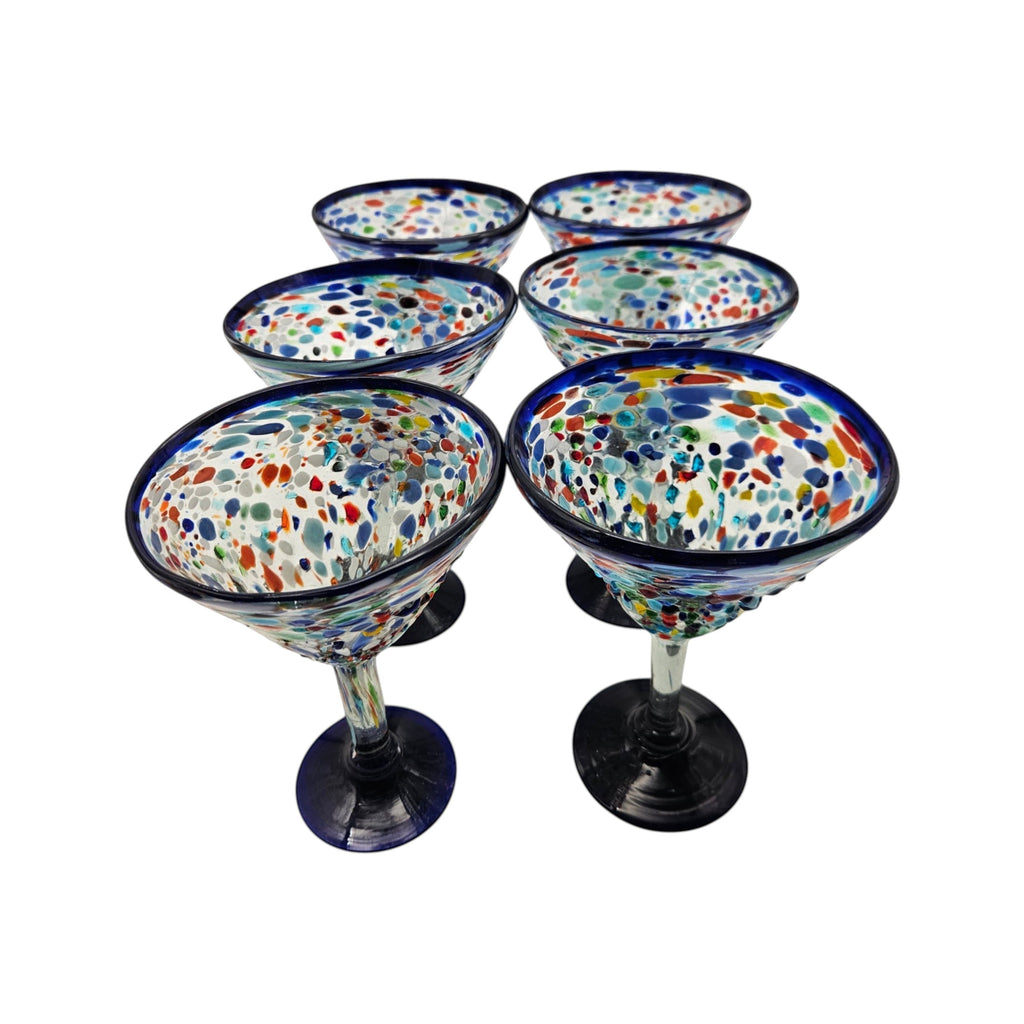 Confetti Rock Martini Glass with Blue Rim | Hand-Blown Mexican Barware