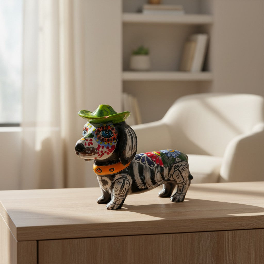 Colorful Talavera Dachshund Figurine | Mexican Folk Art