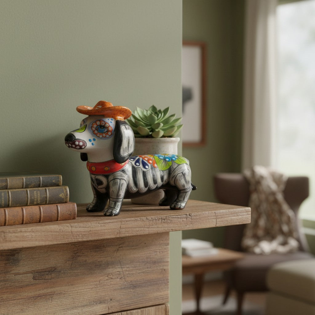 Colorful Talavera Dachshund Figurine | Mexican Folk Art
