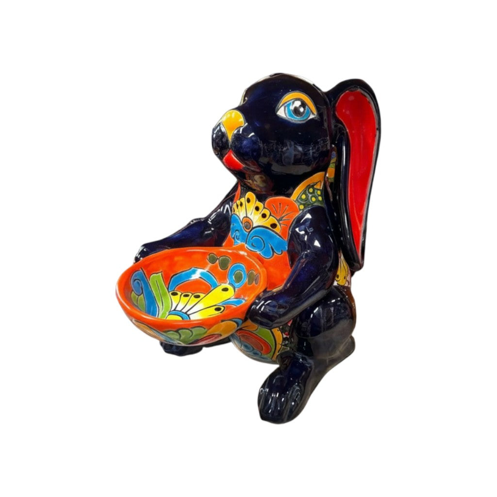 Vibrant Handmade Talavera Bunny Statue | Mexican Folk Art Feeder