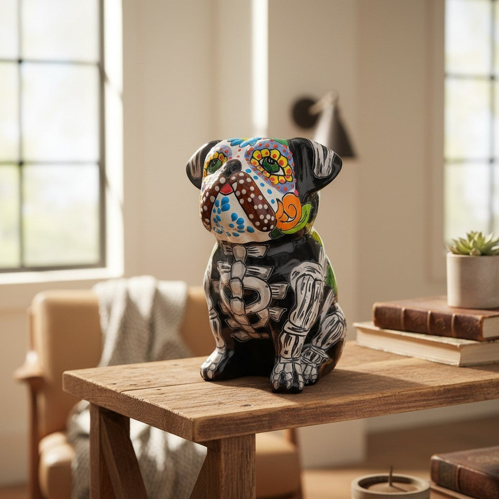 Day of the Dead Bulldog Figurine | Handmade Talavera Dog Statue