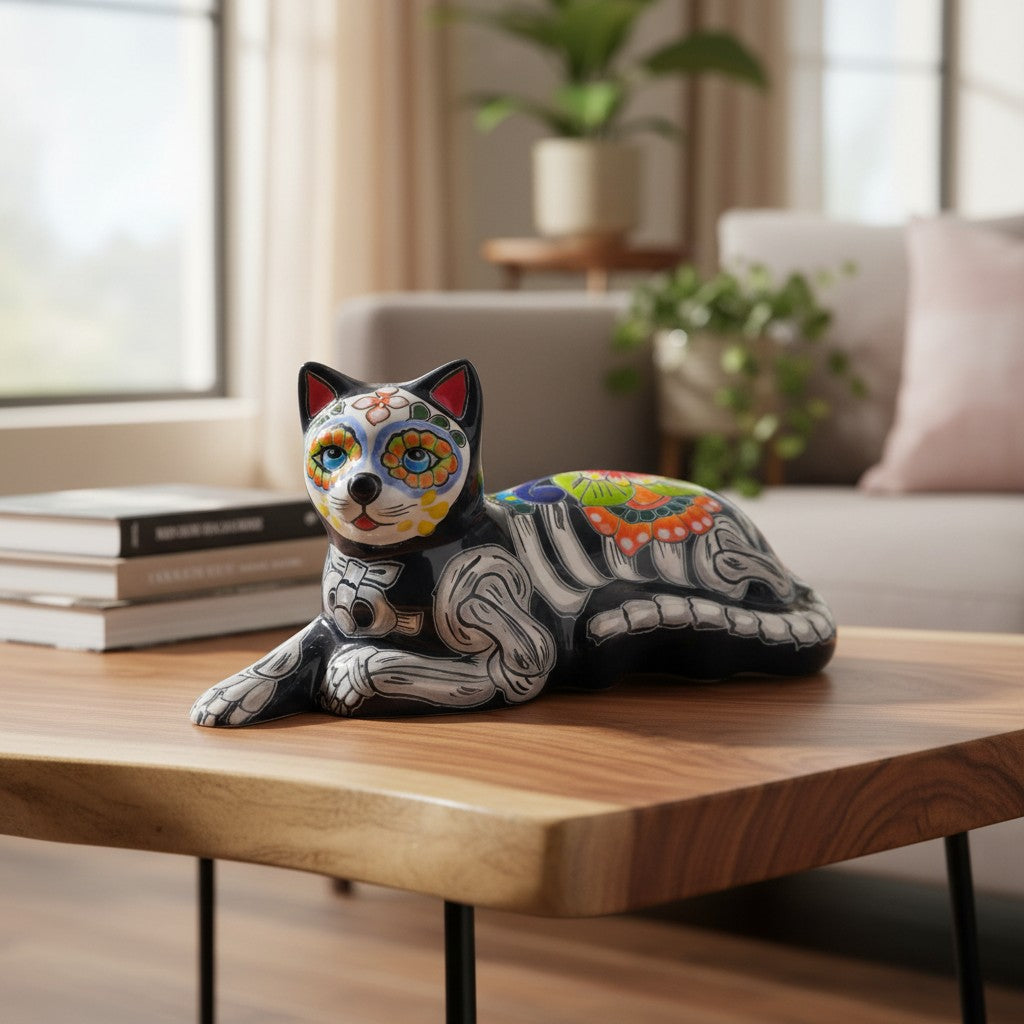 Talavera Cat Statue | Day of the Dead Mexican Ceramic Decor