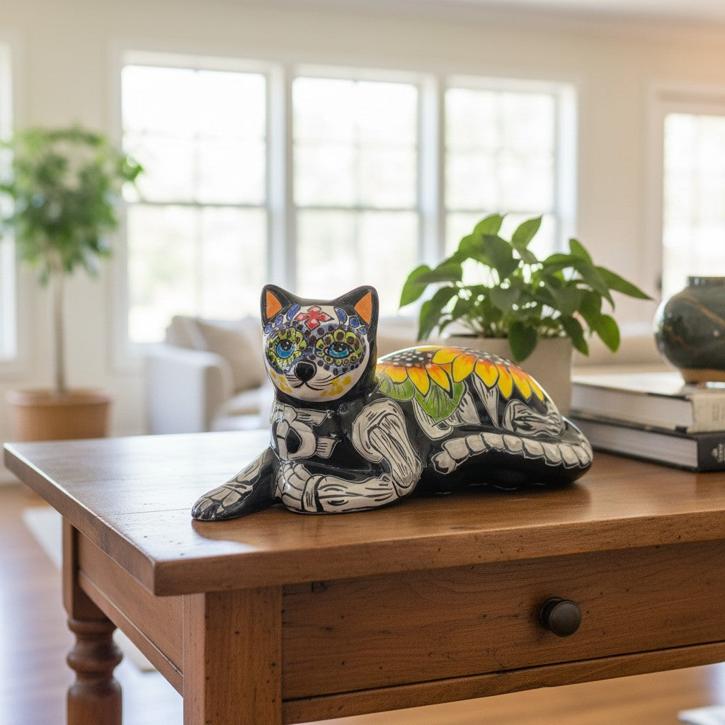 Talavera Cat Statue | Day of the Dead Mexican Ceramic Decor