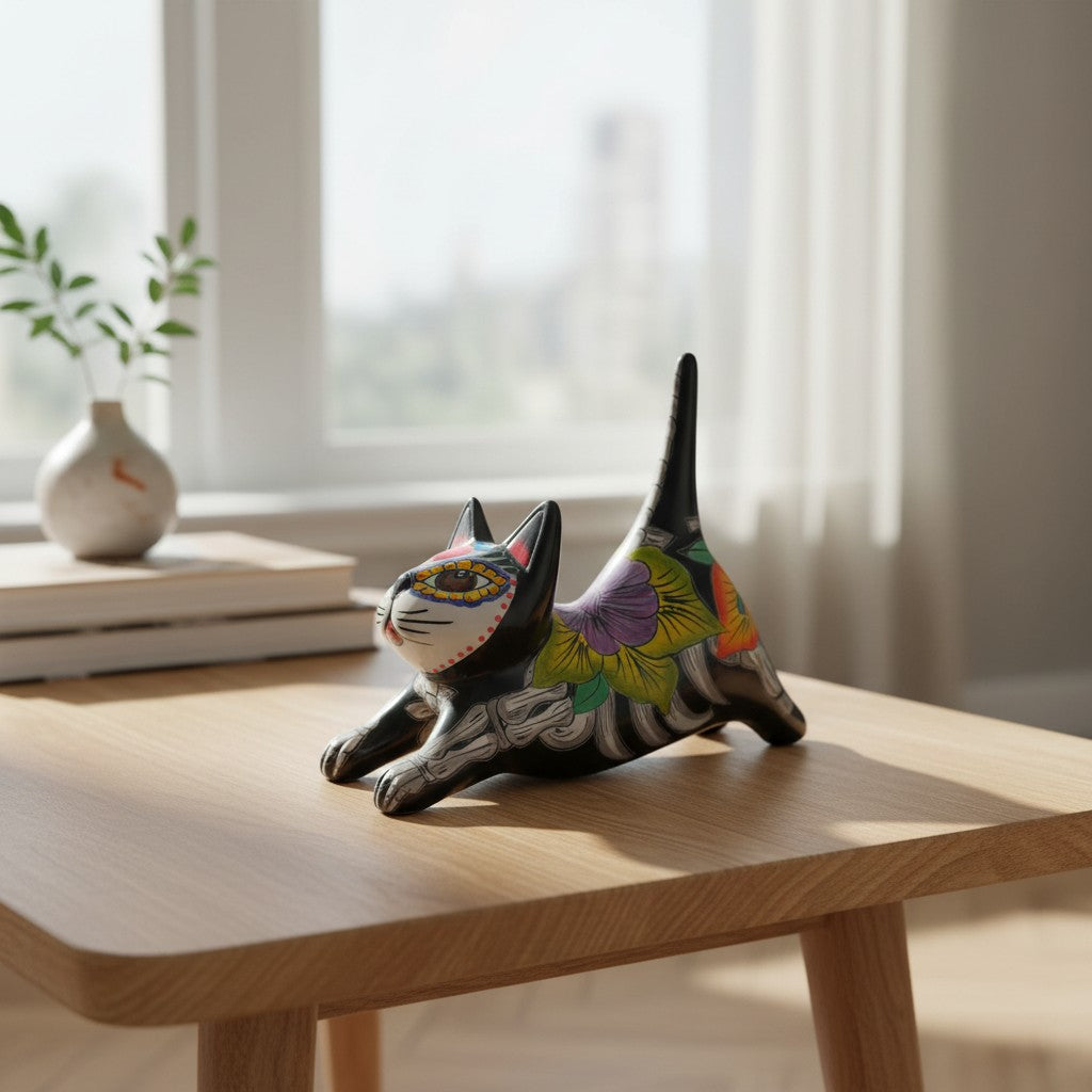 Talavera Stretching Cat Statue | Day of the Dead Floral Design