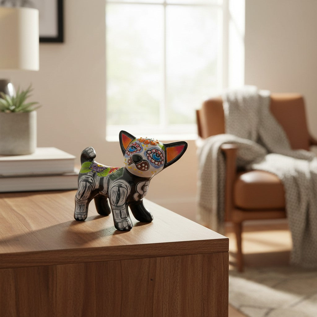 Talavera Chihuahua Statue | Hand-Painted Day of the Dead Art