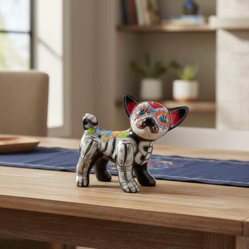 Talavera Chihuahua Statue | Hand-Painted Day of the Dead Art