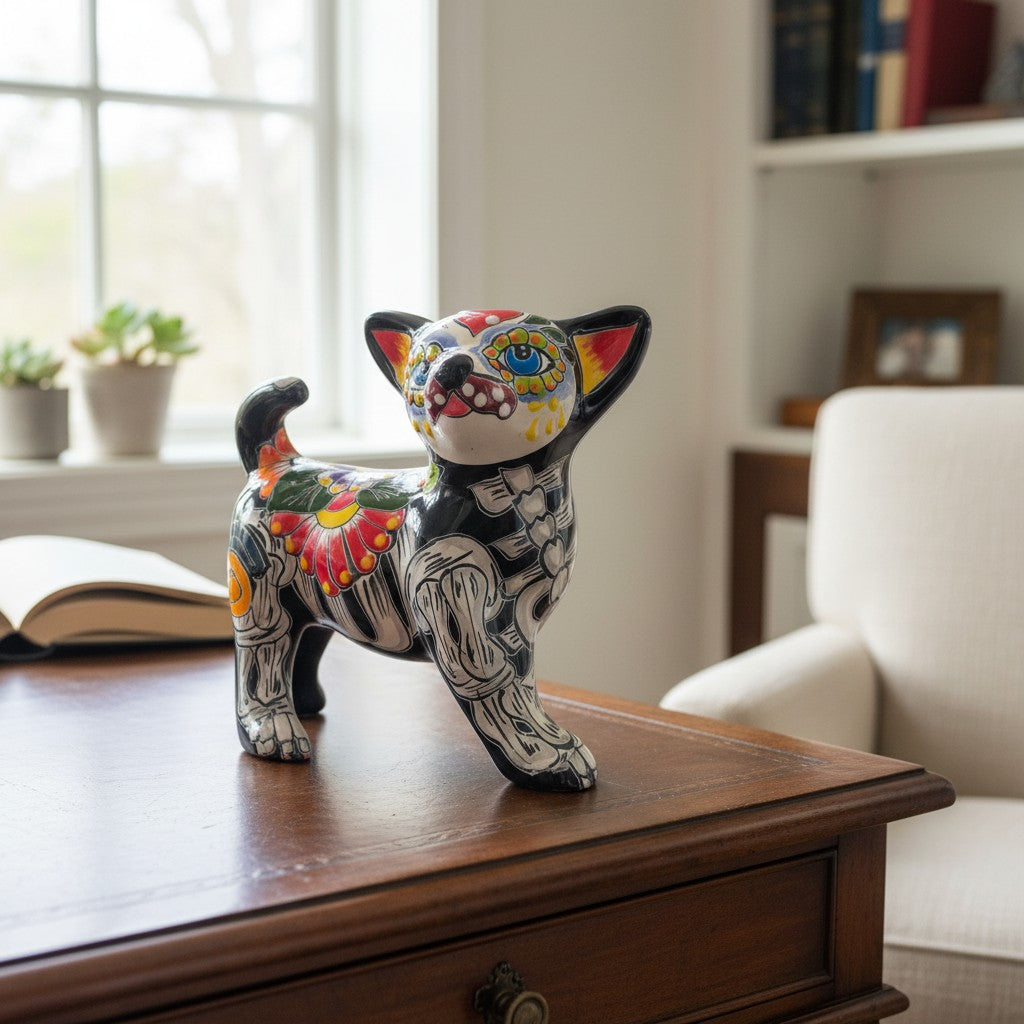 Talavera Chihuahua Statue | Hand-Painted Day of the Dead Art