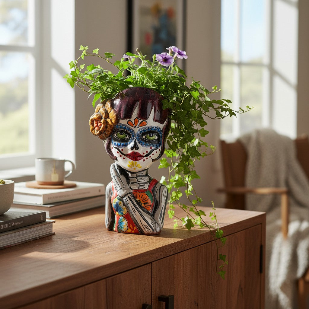 Talavera Day of the Dead Face Planter | Handmade Skull Ceramic Pot