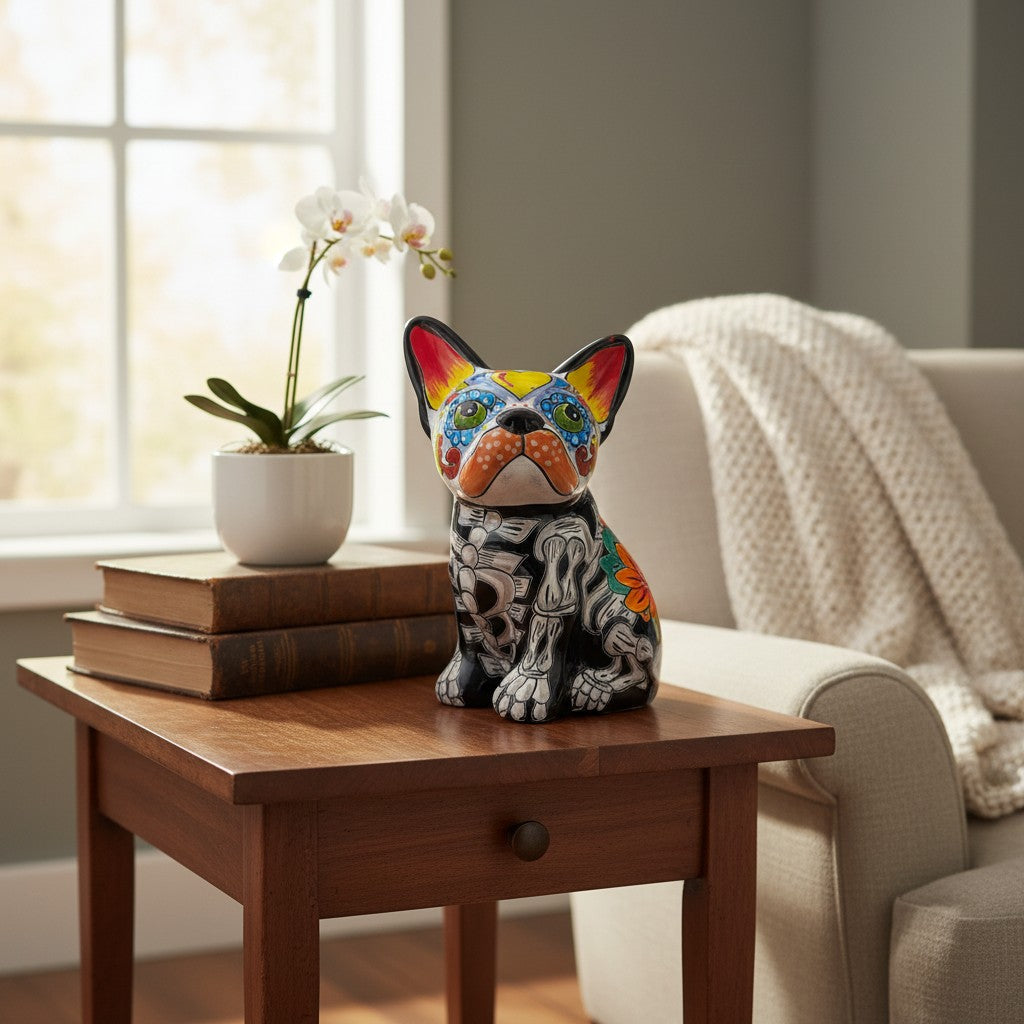 Talavera French Bulldog Statue | Day of the Dead Mexican Decor
