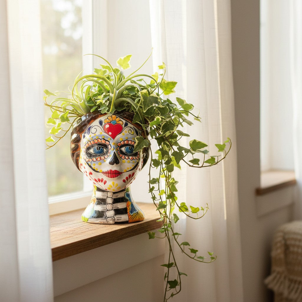 Talavera Skull Face Planter | Hand-Painted Day of the Dead Pottery