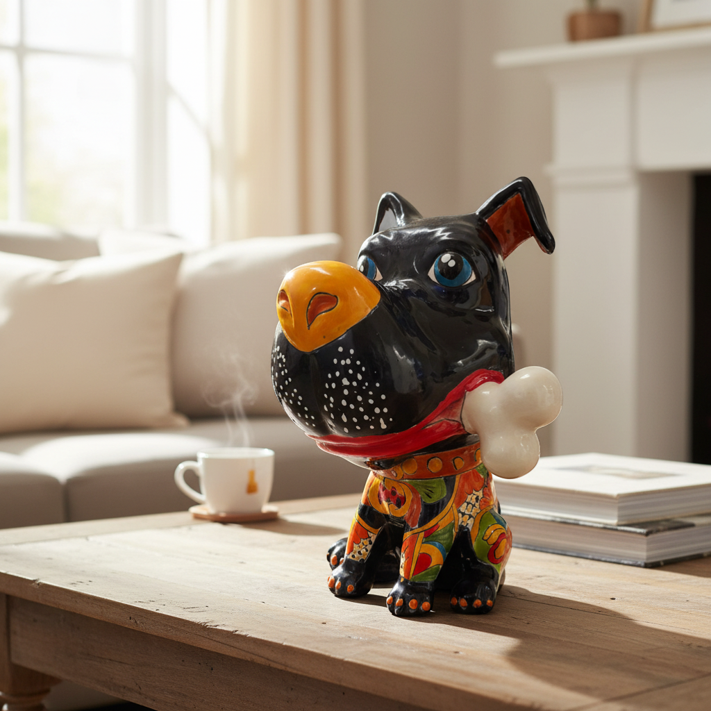Talavera Dog with Bone | Hand-Painted Ceramic Canine Decor
