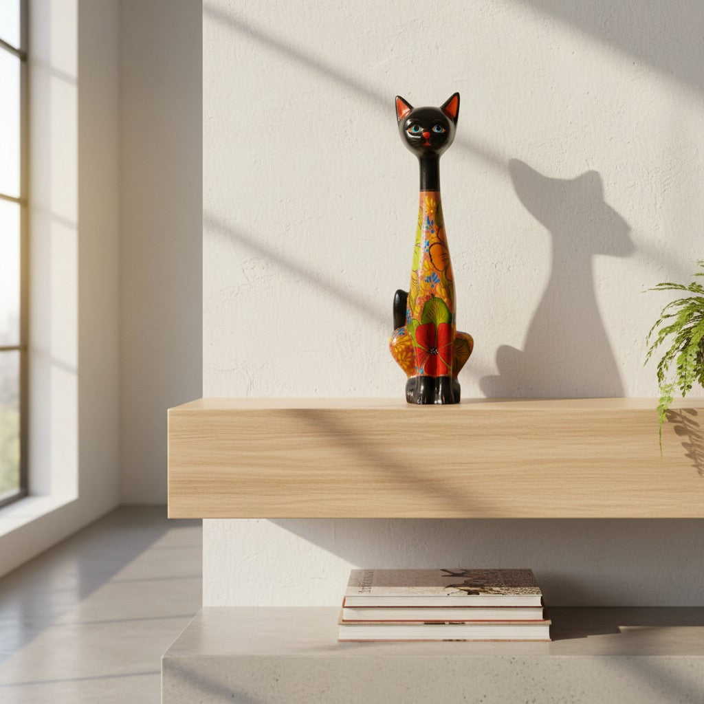 Tall Talavera Cat Statue | Floral Terracotta Design