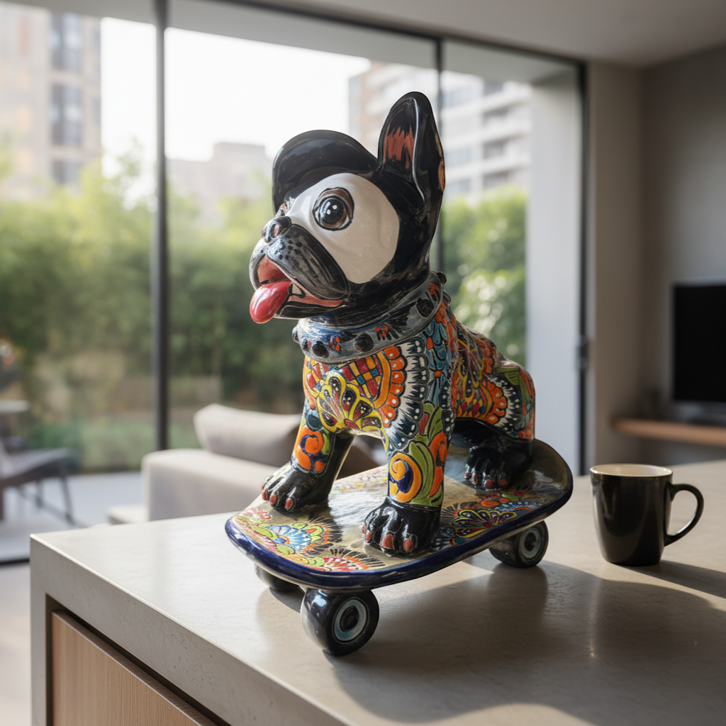 Talavera Frenchie Statue | Colorful Skateboarding Bulldog Art
