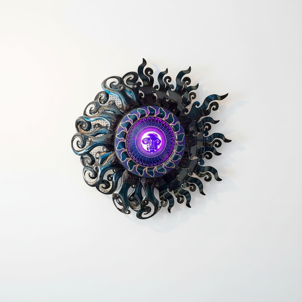 Giant Sun Wall Art with Light Fixture | Handmade Mexican Metalwork