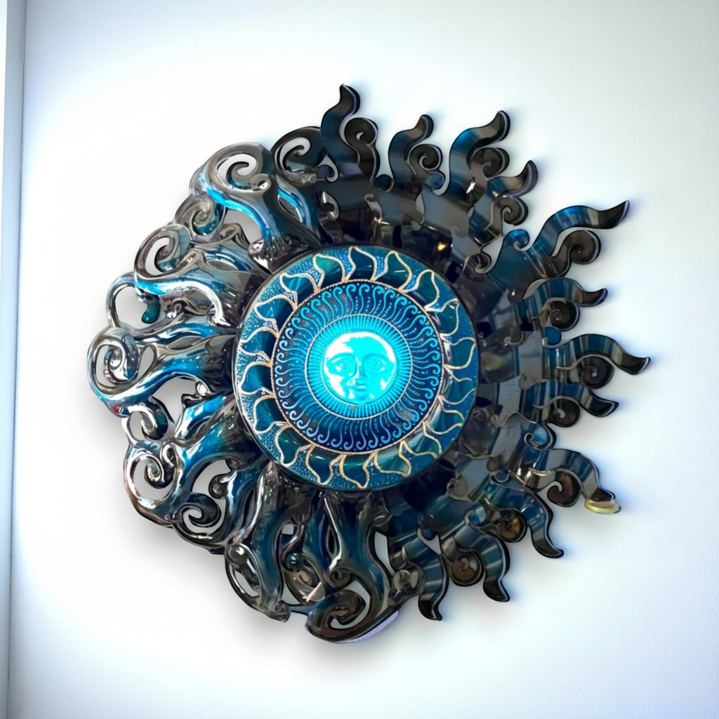 Giant Sun Wall Art with Light Fixture | Handmade Mexican Metalwork