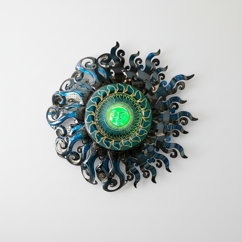 Giant Sun Wall Art with Light Fixture | Handmade Mexican Metalwork