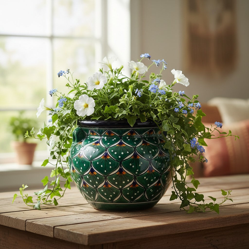 Vibrant Talavera Flower Pot | Green Peacock Design