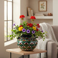 Vibrant Talavera Flower Pot | Green Peacock Design