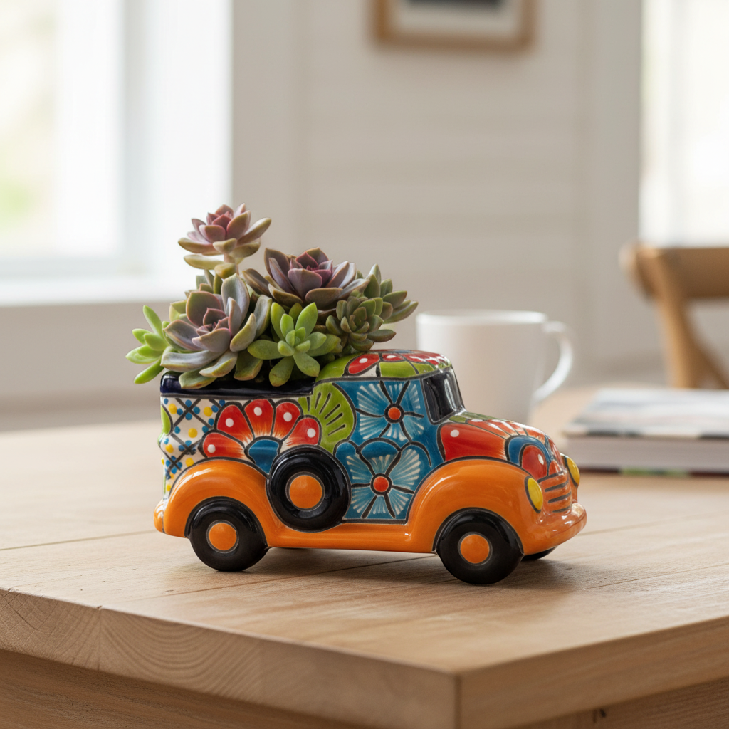 Hand-Painted Talavera Car Planter | Colorful Ceramic Car Statue