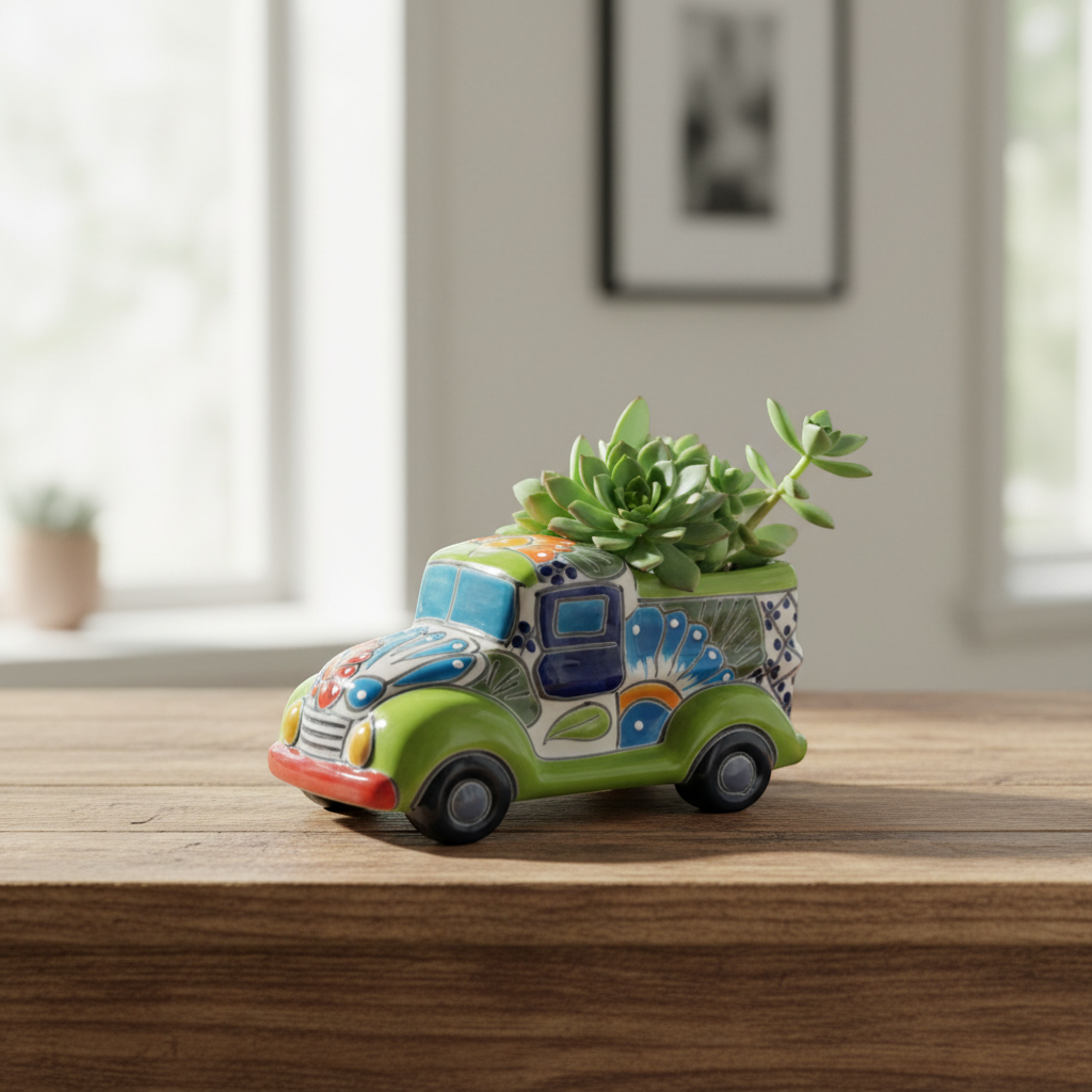 Hand-Painted Talavera Car Planter | Colorful Ceramic Car Statue