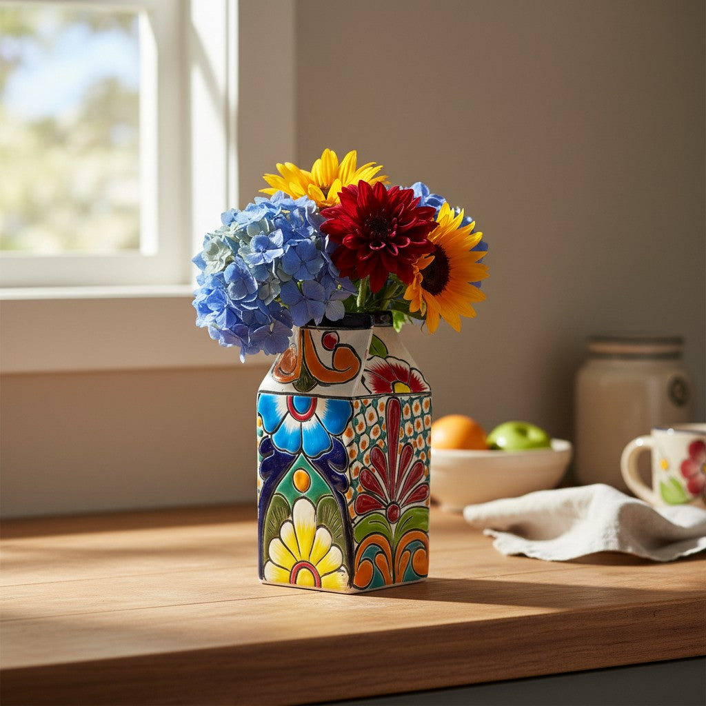 Talavera Hand-Painted Milk Carton | Colorful Mexican Container