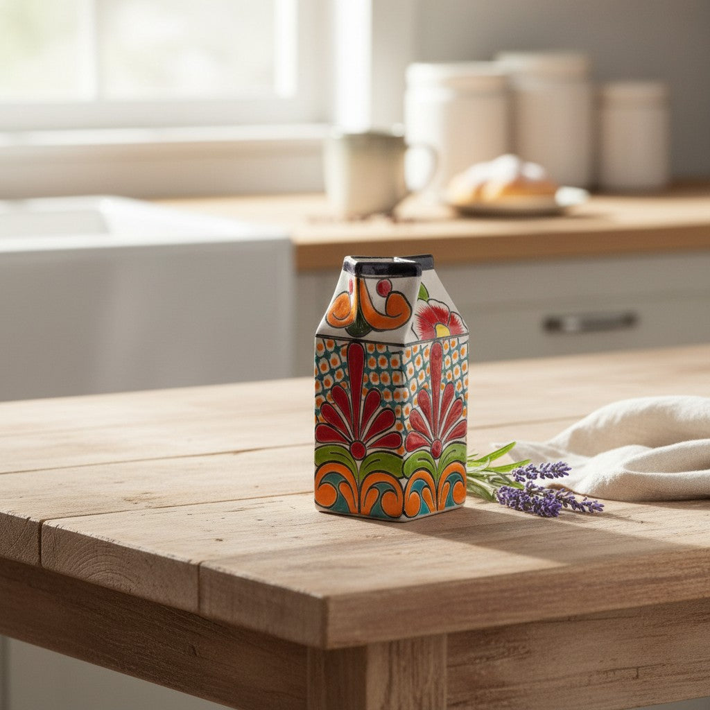 Talavera Hand-Painted Milk Carton | Colorful Mexican Container