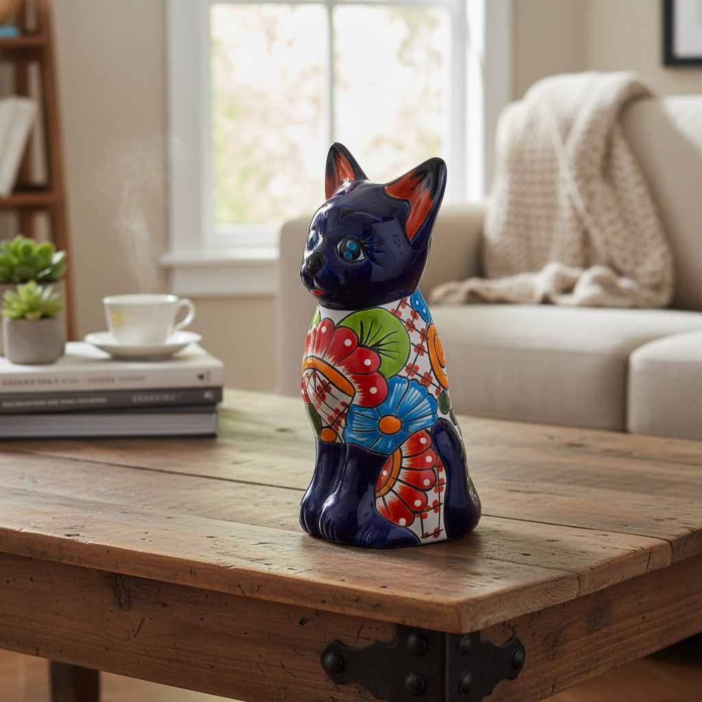 Colorful Hand-Painted Talavera Cat Statue | Mexican Folk Art Decor