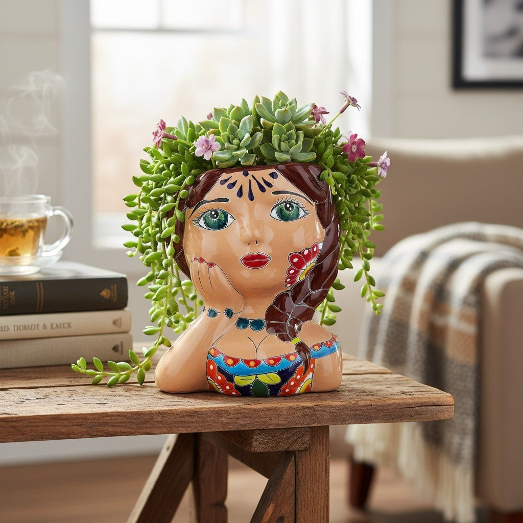 Talavera Lady Planter | Hand-Painted Mexican Decor