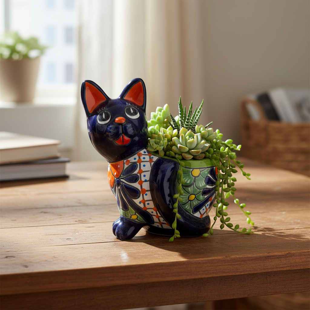 Handmade Cat Planter | Hand-Painted Cat Talavera Artwork