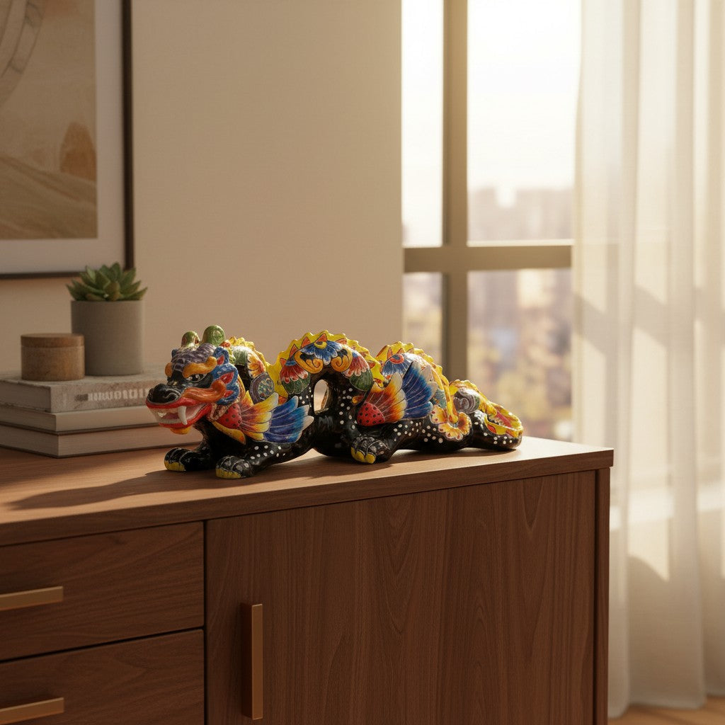 Handmade Talavera Dragon Statue | Vibrant Mexican Cultural Art